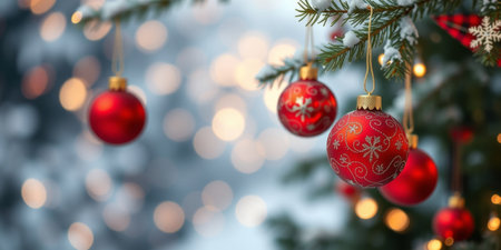 A stunning display of red Christmas ornaments hanging from a snowy pine tree, set against a background of soft, blurred lights, capturing the essence of holiday cheer.の素材