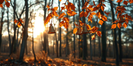 A serene autumn forest scene featuring vibrant golden leaves and delicate bells hanging from branches, illuminated by soft sunset light.の素材