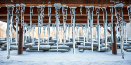 Stunning winter scene featuring icicles hanging from a wooden structure, set against a blurred background of snow-covered ground, evoking tranquility.の素材