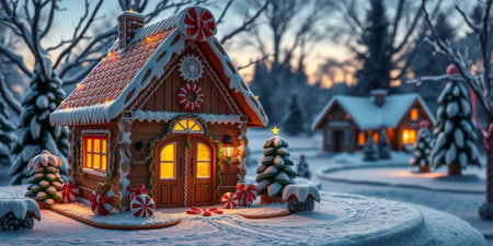 Enchanting gingerbread house with vibrant candy decorations sits in a snowy landscape, evoking feelings of warmth and holiday cheer.の素材