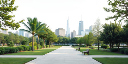 A tranquil park scene featuring lush greenery and a stunning urban skyline. Ideal for capturing the essence of nature amidst city life.の素材