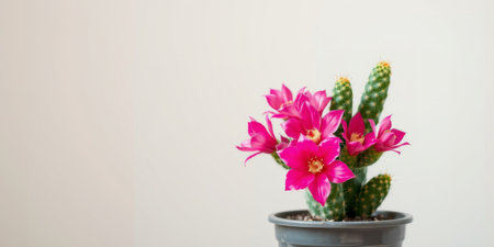 A stunning pink flowering cactus in a grey pot brings a vibrant touch of nature to any indoor space. Ideal for home decor and gardening enthusiasts.の素材
