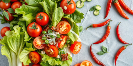 Discover a beautiful arrangement of fresh salad ingredients featuring cherry tomatoes, crisp lettuce, and vibrant red peppers prepared for healthy meals.の素材