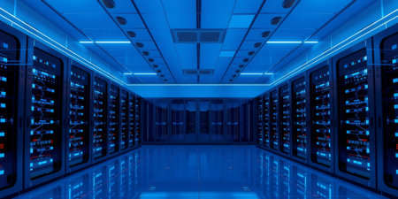 A captivating view of a futuristic data center featuring rows of server racks illuminated by vibrant blue neon lighting, highlighting advanced technology.の素材