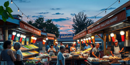 A lively outdoor food market at dusk featuring colorful stalls filled with fresh produce and local dishes. People gather, socialize, and enjoy a variety of cuisines in a vibrant urban atmosphere.の素材