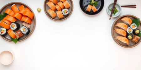 A stunning display of sushi including vivid salmon slices, sushi rolls, and fresh garnishes, perfect for showcasing Japanese culinary artistry.の素材