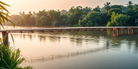 A tranquil wooden bridge stretches across calm waters at sunrise, embraced by lush greenery, creating a serene landscape perfect for relaxation and reflection.の素材