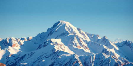 Experience the breathtaking beauty of majestic snow-capped mountain peaks under a clear blue sky, evoking serenity and adventure in nature.の素材