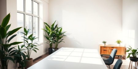 A bright and minimalist office space featuring green plants and natural light that creates an inviting atmosphere for productivity and creativity.の素材