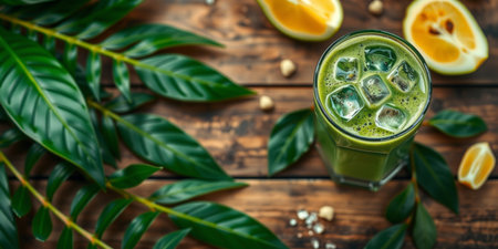 This image showcases a refreshing green smoothie with ice cubes, elegantly presented alongside fresh leaves and orange slices on a rustic wooden table, perfect for health enthusiasts.の素材