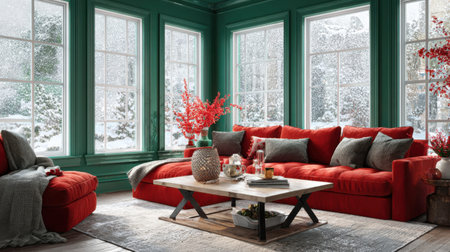 This inviting living room features a bright red sofa, large windows with winter views, and charming floral decor, perfect for a cozy atmosphere.の素材