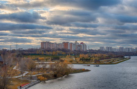 Panoramic view of Moscow river near Brateevo and Maryino districtsの写真素材