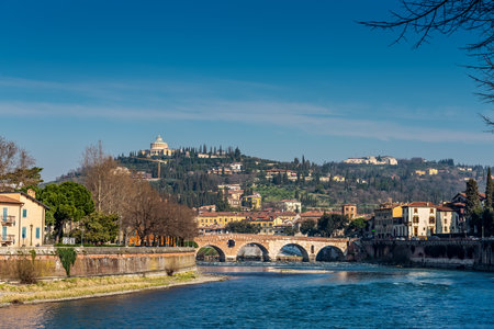 Verona, Italy - March 14, 2017: Beautiful panoramic view of Adige river, Verona, Italyの写真素材
