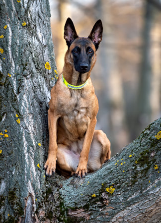 Portrait of a Belgian shepherd malinois sitting on a treeの写真素材