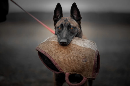 Belgian shepherd malinois dog with a training pillow on a leash. Selective focus.