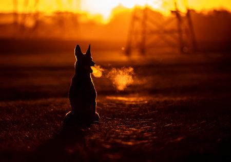 Silhouette of a dog at sunset. Selective focus.