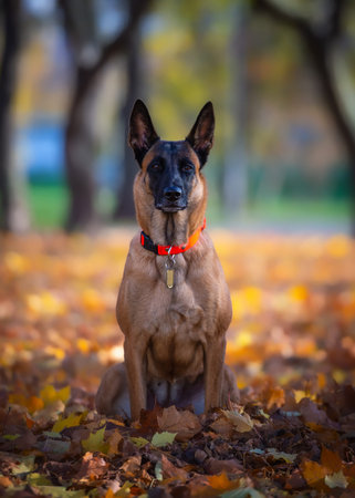 Malinois dog sitting in the autumn park. Selective focus.