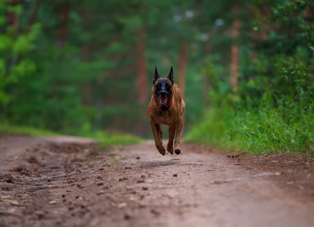 Belgian Shepherd running in the forest. Selective focus on dog