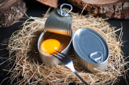 Canned aluminium preserves simulating hen egg shellの写真素材