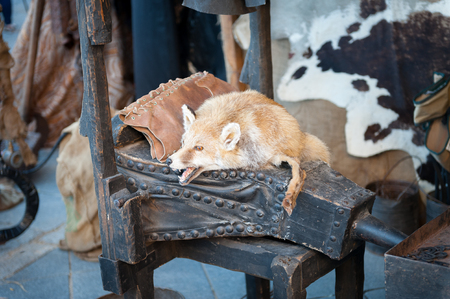 Medieval street stall with stuffed animal in the foreground on table
の写真素材