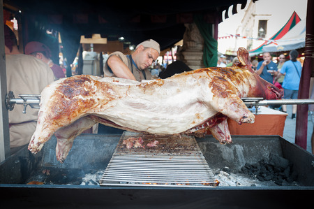Charcoal grilled pork on grill in medieval market celebrated in the town of La Enrada, province of Avila, Spain, the day May 1, 2019
のeditorial素材