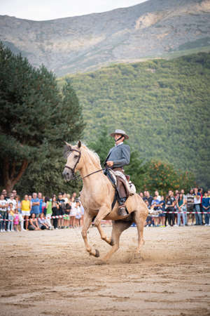 riding horseback riding in horse dressage and dance exhibition, held in the town of Serranillos- Avila- Spain, during the month of August 2019 on the occasion of the horse fairのeditorial素材