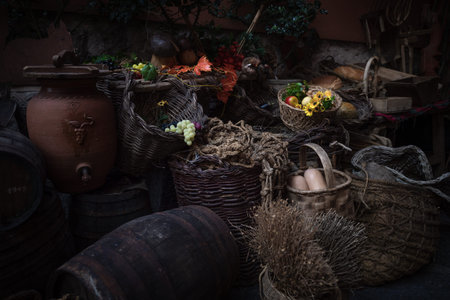 various foods in foreground in vertical photo darkened at their edges