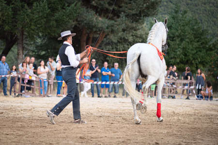 rider on his horse, performing dancing and dressage with him, in exhibition held in the town of Serranillos, Avila, Spain, on August 31, 2019のeditorial素材