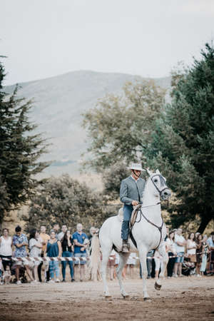 rider on his horse, performing dancing and dressage with him, in exhibition held in the town of Serranillos, Avila, Spain, on August 31, 2019のeditorial素材