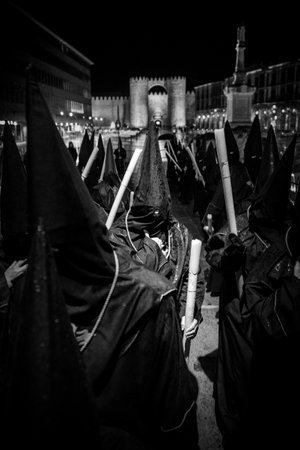 celebration of Holy Week, with images of it celebrated in the city of Avila, Spain, during the year 2017 and 2018, as well as silhouettes of crosses and religious elementsのeditorial素材