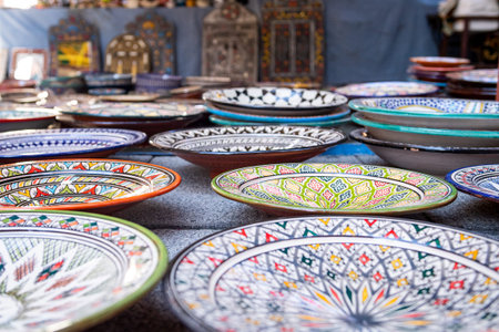Different dishes and elements of Moroccan crafts, exhibited in medieval market