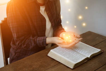 Praying with hands and praying together with religious faith and belief in god on blessing background The power of hope or love and devotion.の写真素材