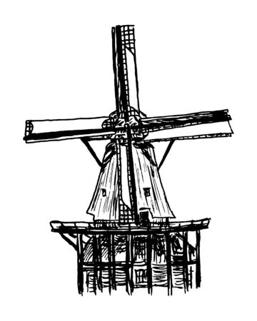 Naturalistic and detailed drawing of a windmill - Dutch windmills in the windmill park of Kinderijk in the Netherlands - Vector graphicのイラスト素材