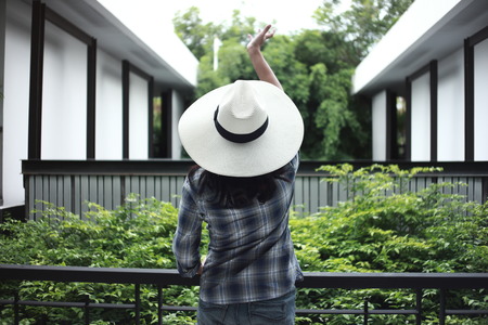 Asian girl wearing a white hat.の写真素材