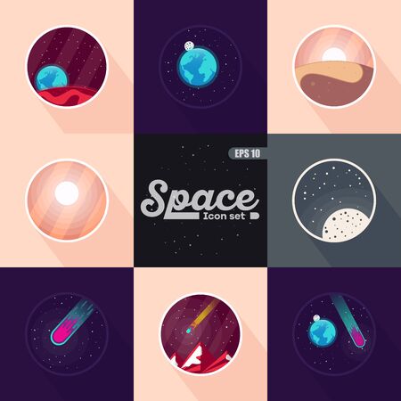 Space landscape: stars, planets, comet, ufo, stardust. flat illustrations and background. flat design illustration of space icons. Space icon set.のイラスト素材