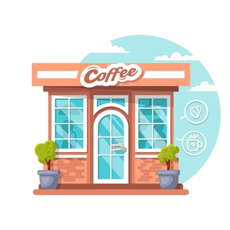 Coffee house concept. Flat design city public building with storefront and different interior design elements. Modern landscape set with bushes, logo, window with shadows of people.のイラスト素材