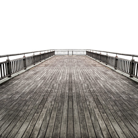 Brown old wooden floor perspective view and wood railing isolate on white background with clipping...
