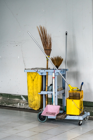 Cleaning equipment cart on concrete floorの写真素材