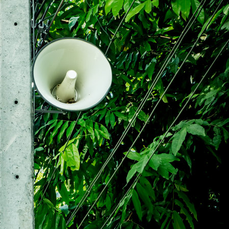 White horn speaker on concrete poleの写真素材