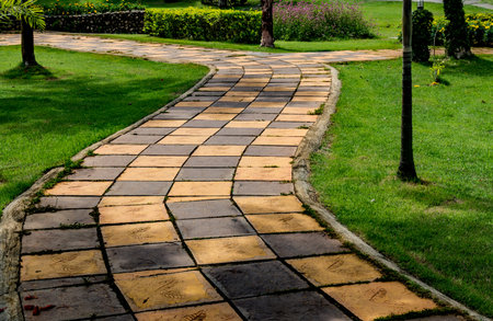 Concrete pathway in the park with green trimmed bush