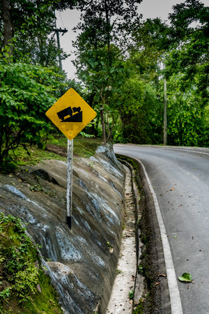 Steep hill traffic sign with asphalt roadの写真素材