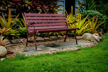 Brown Metal park bench in the parkの写真素材