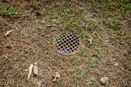 Rusty metal drain cover on dry grassの写真素材
