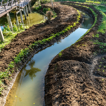 Irrigation canal waterway with vegetable gardenの写真素材