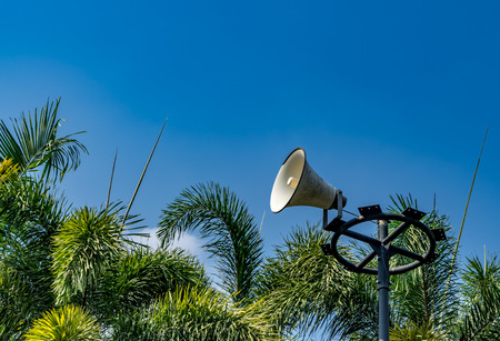 White horn speaker on blue sky and palm tree leaves background in the parkの写真素材