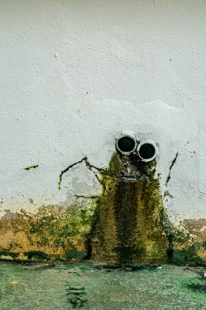 White concrete wall with water drain pipe and green moss and water stainの写真素材