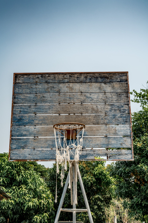 Old basketball hoop with green leaves backgroundの写真素材