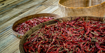 Red dry chili in bamboo tray