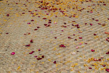 Red and yellow petal on bamboo weave mat