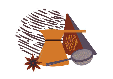 Coffee shop, coffee shop equipment, aromatic coffee, serving, label, cozy atmosphereのイラスト素材